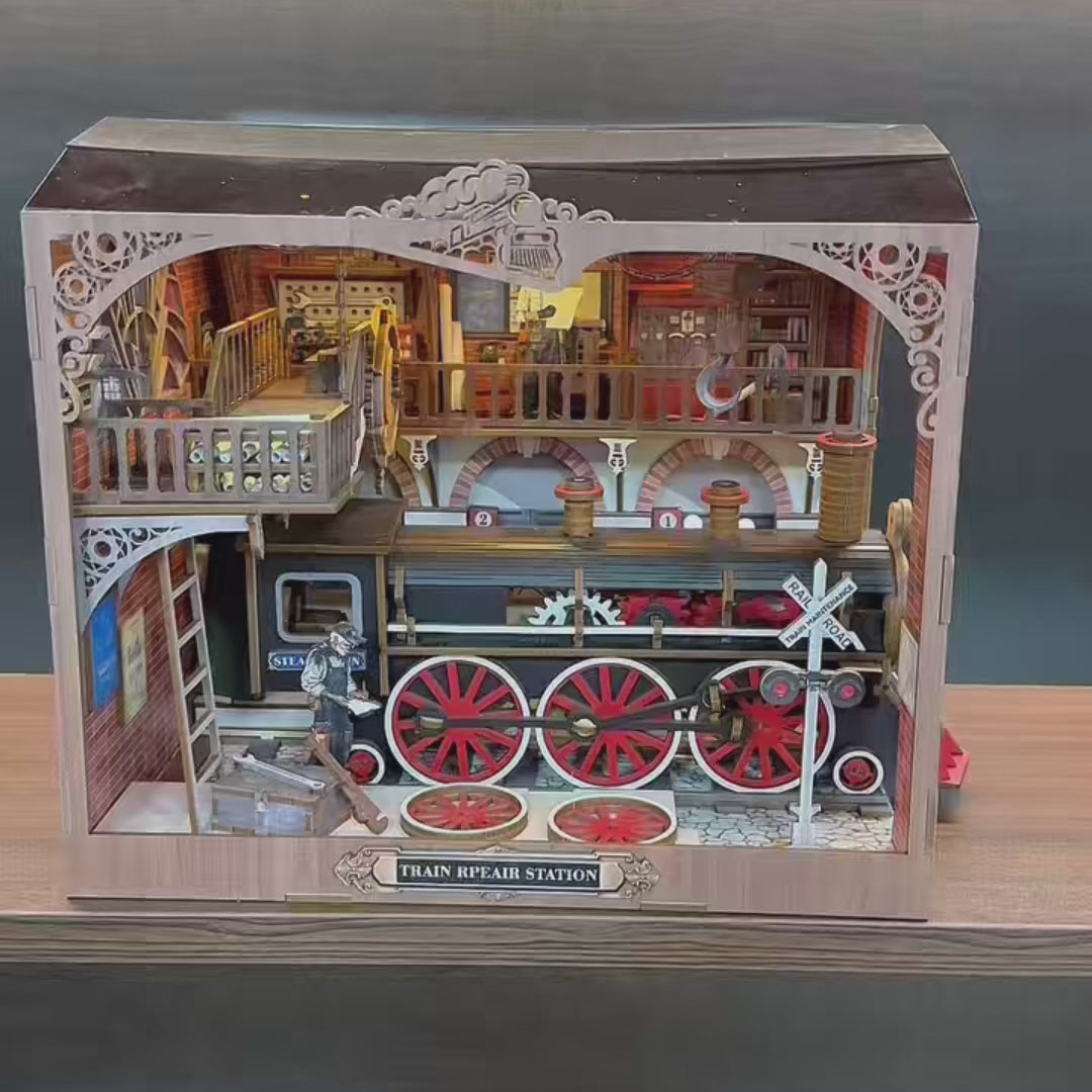DIY miniature house kit of a vintage locomotive train repair station with intricate gears, scale model train, and glowing interior lights – perfect for craft ideas, DIY and crafts, miniature mansion lovers, and DIY book nook kit collectors.
