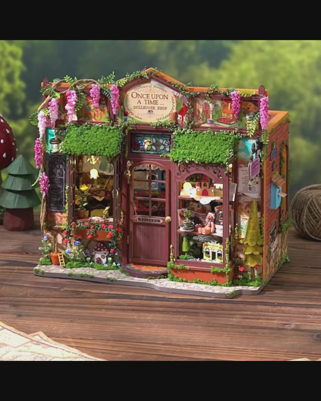 DIY Mini House kit featuring a whimsical miniature dollhouse store called “Once Upon a Time Dollhouse Shop,” with fairy tale décor, tiny dollhouses, and detailed interiors. Perfect for DIY and crafts lovers, miniature mansion collectors, and book nook enthusiasts looking for magical craft ideas.
