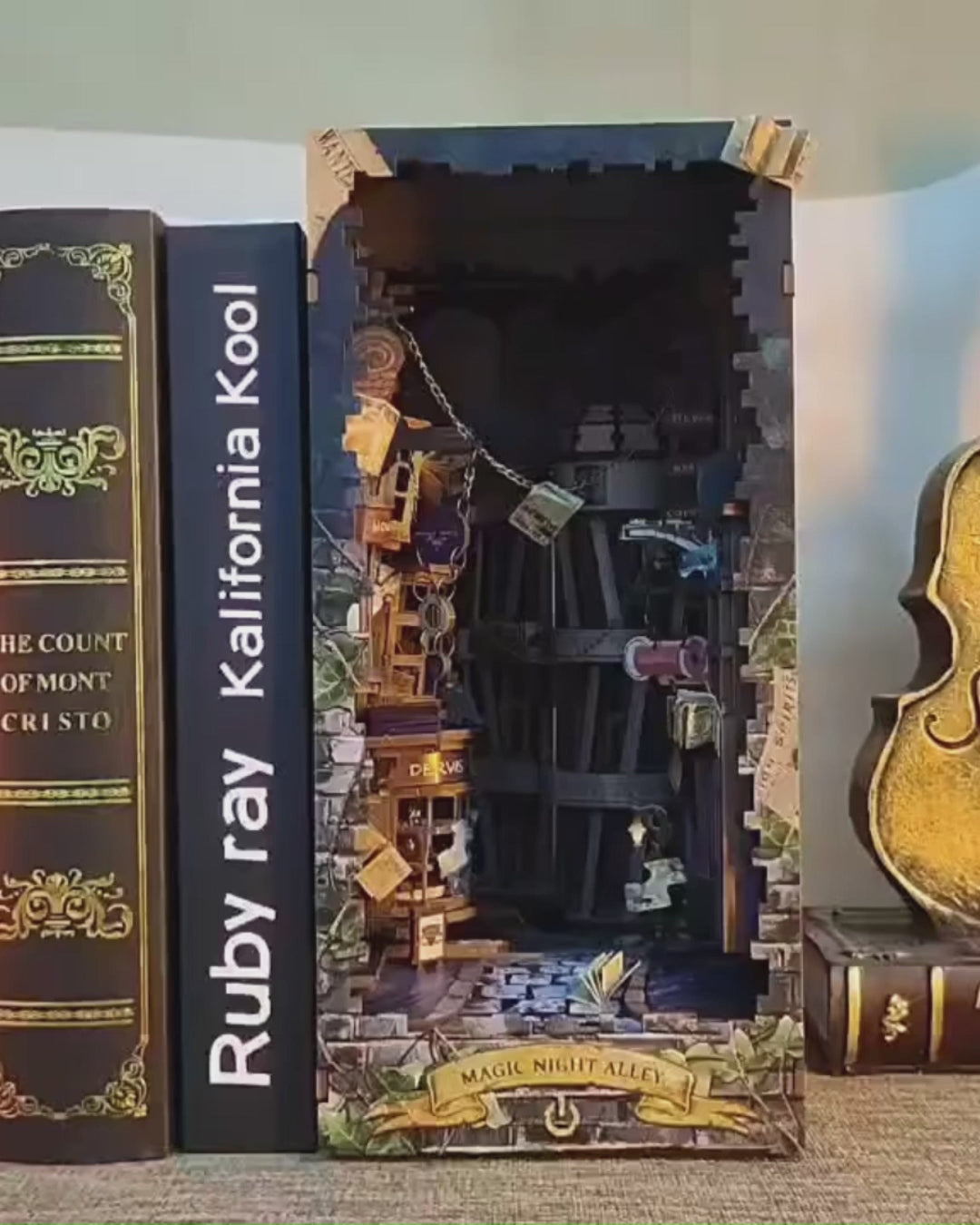 DIY Magic Night Alley book nook kit styled like a wizard’s alley, featuring magical props and glowing details — perfect for DIY and crafts, making miniatures, and book-lover gifts.